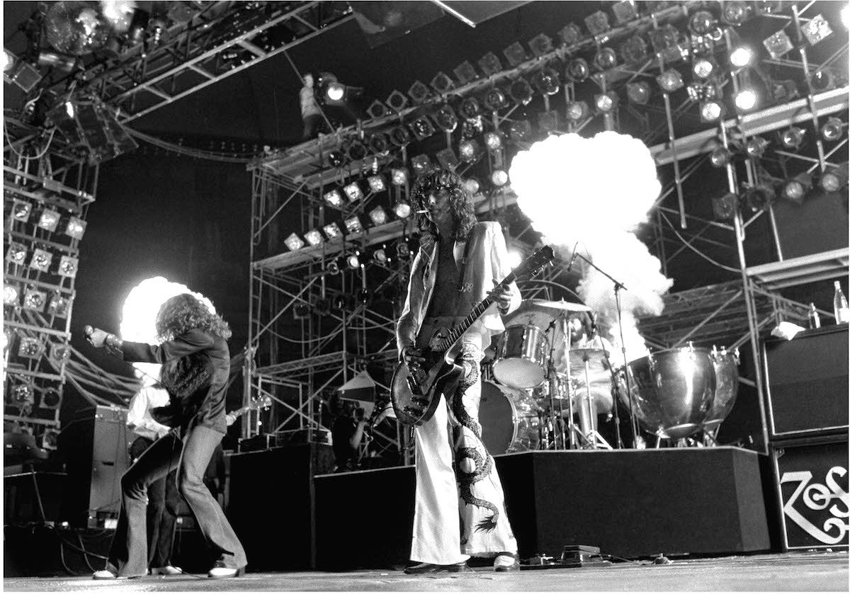 Led Zeppelin on stage with smoke. Pontiac, Michigan. 1977