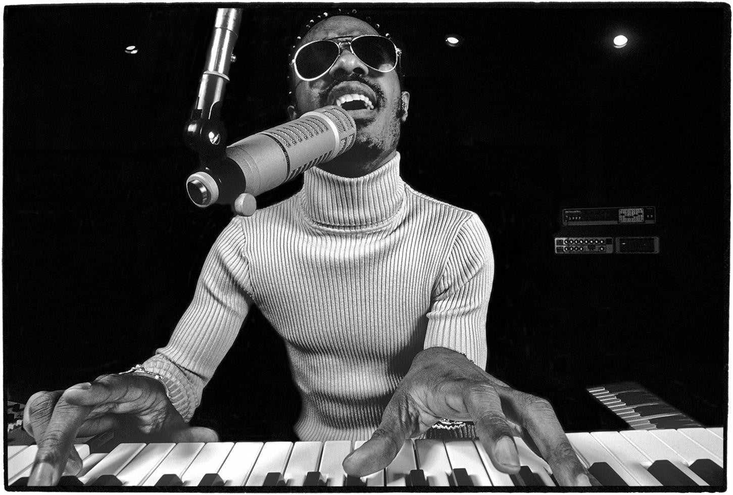 August 30, 1974, Stevie rehearsing on his piano in Los Angeles for an upcoming concert.