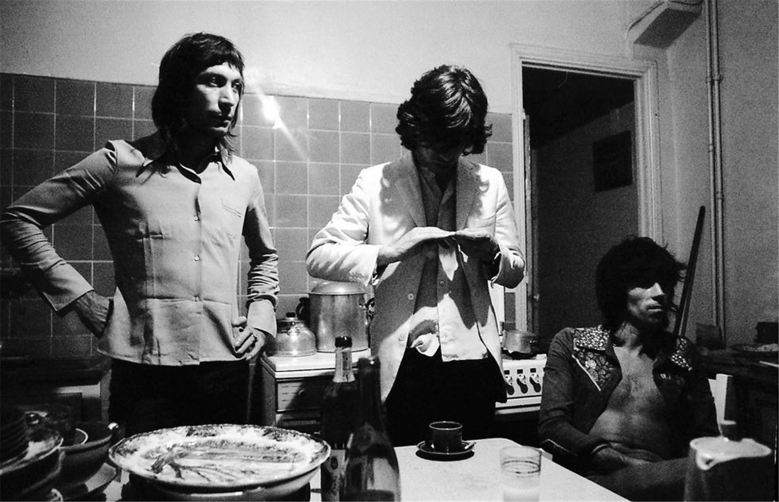 Charlie Watts, Mick Jagger, & Keith Richards in the kitchen at Villa Nellcôte.