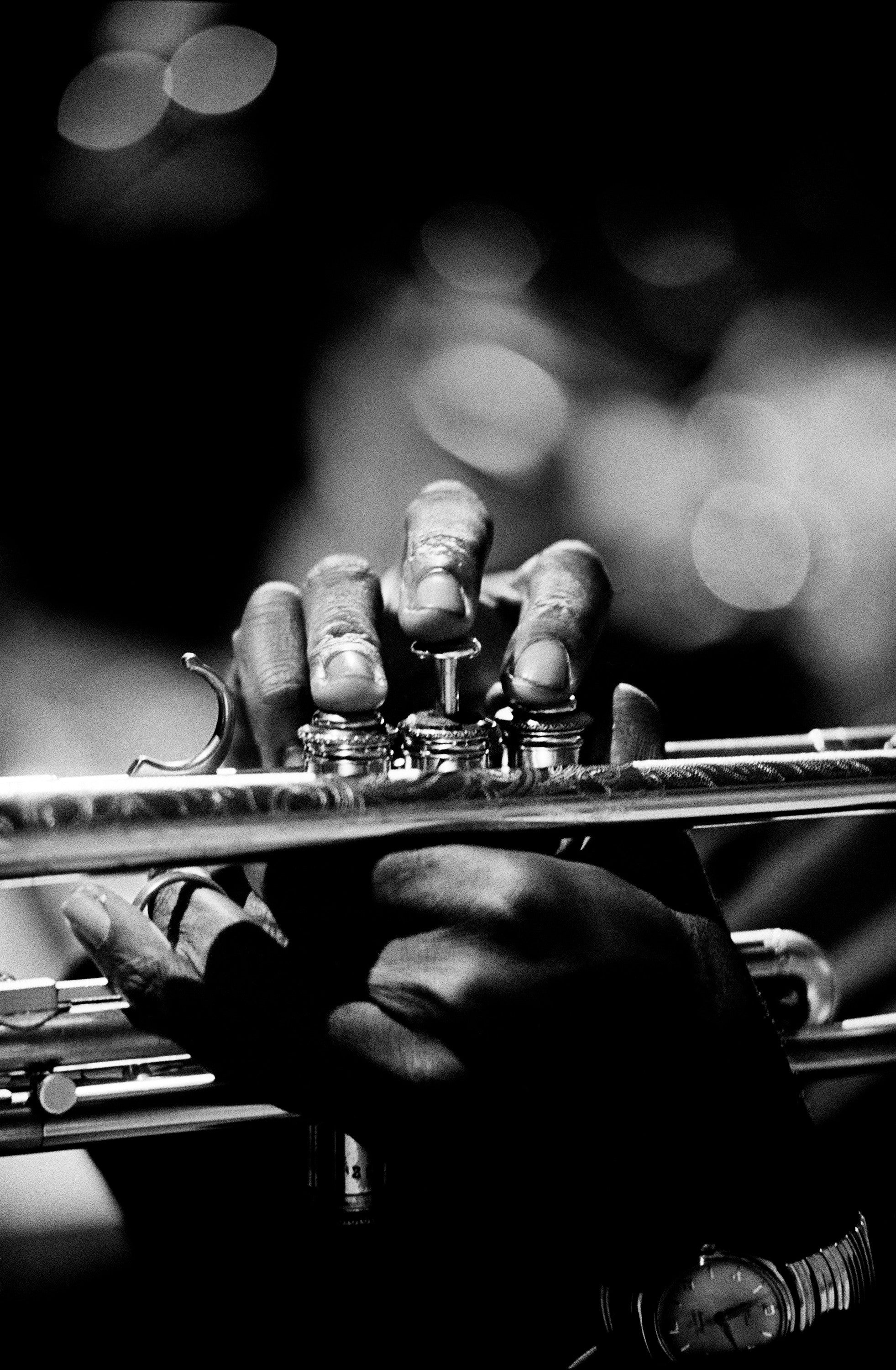 Miles Davis's hands at Monterey Jazz Festival. 1963
