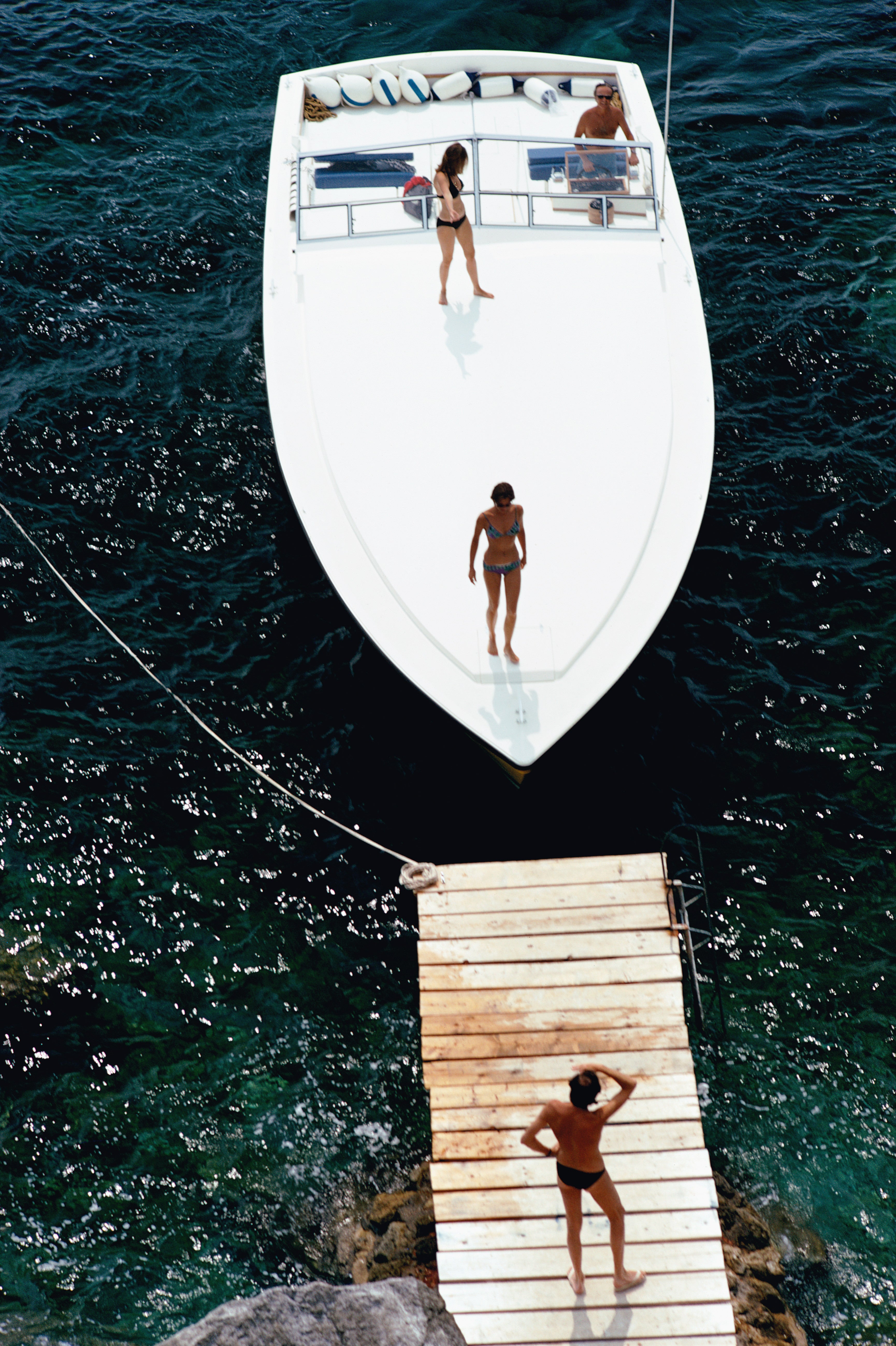 August 1973:A Magnum motorboat belonging to Count Filippo Theodoli arrives at the private jetty of the Il Pellicano Hotel in Porto Ercole, Italy.