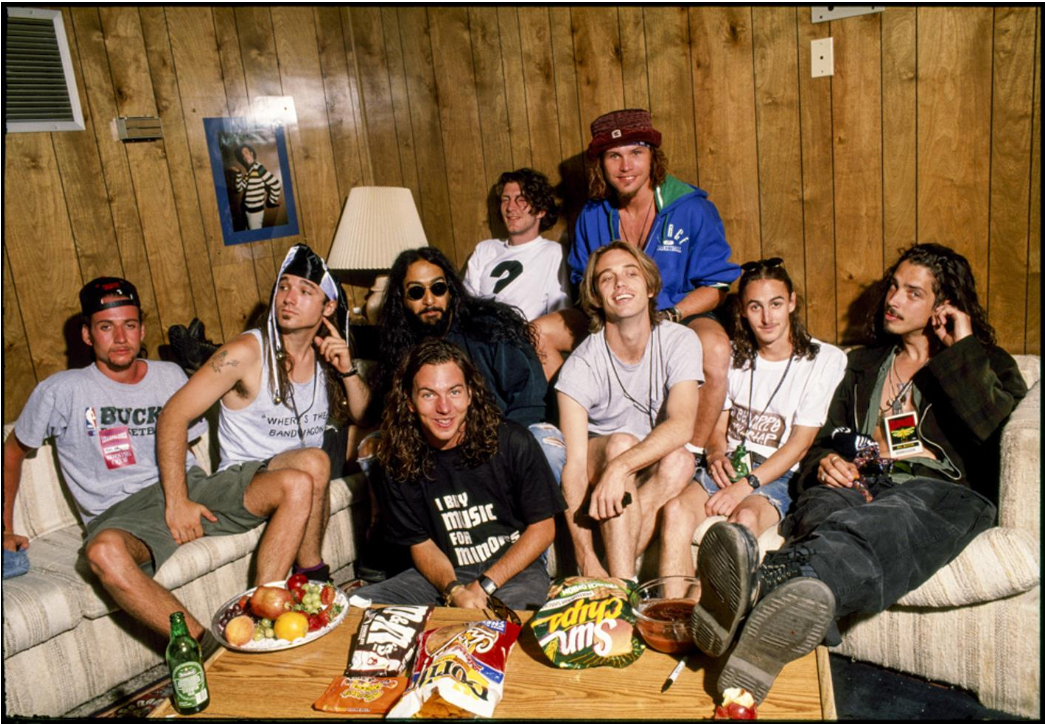 Pearl Jam and Soundgarden backstage at Shoreline Amphitheater. Mountain View, CA. 1992.