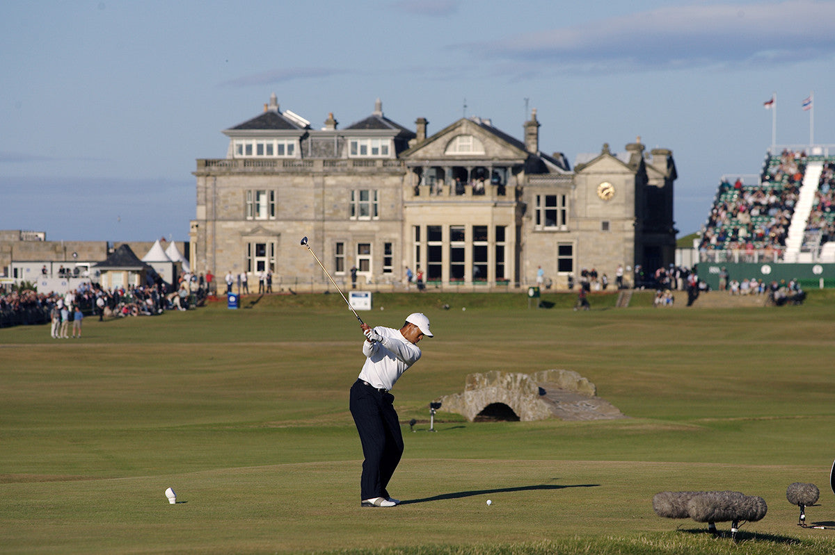 Tiger Woods swings his club at the 18th tee of the 2005 British Open at the Old Course in St. Andrews, Scotland.