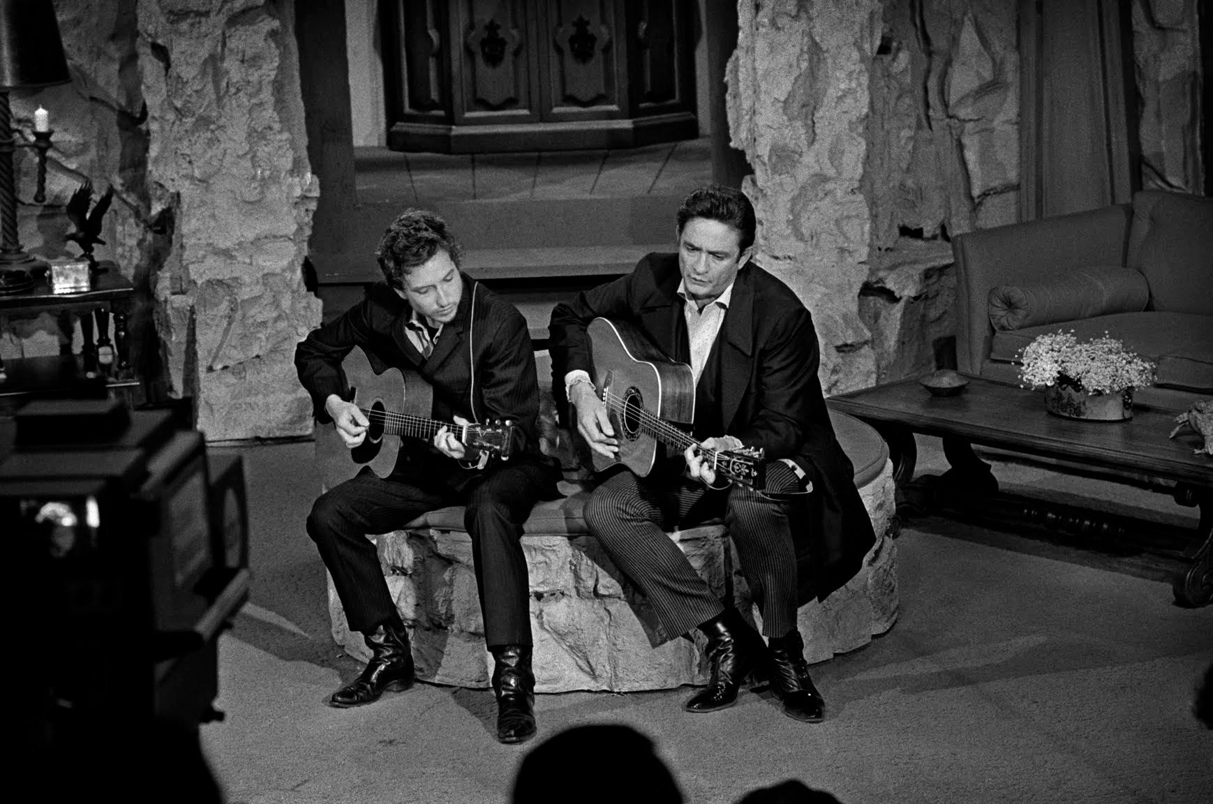 Johnny Cash and Bob Dylan performing together during the debut of The Johnny Cash show, which aired June 7, 1969.