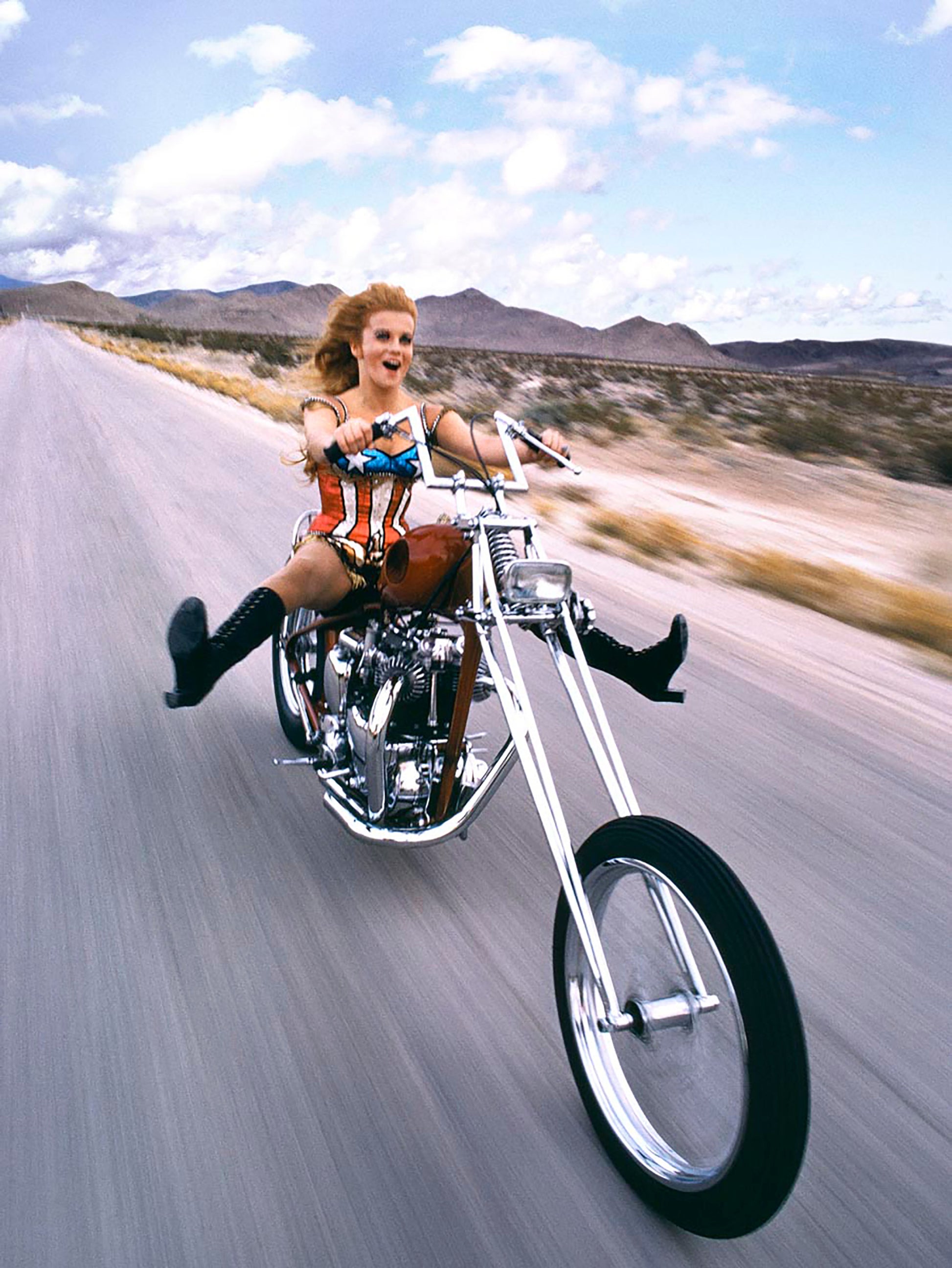 Swedish-American actress, singer and dancer Ann-Margret rides a motorbike, Las Vegas, 1971.