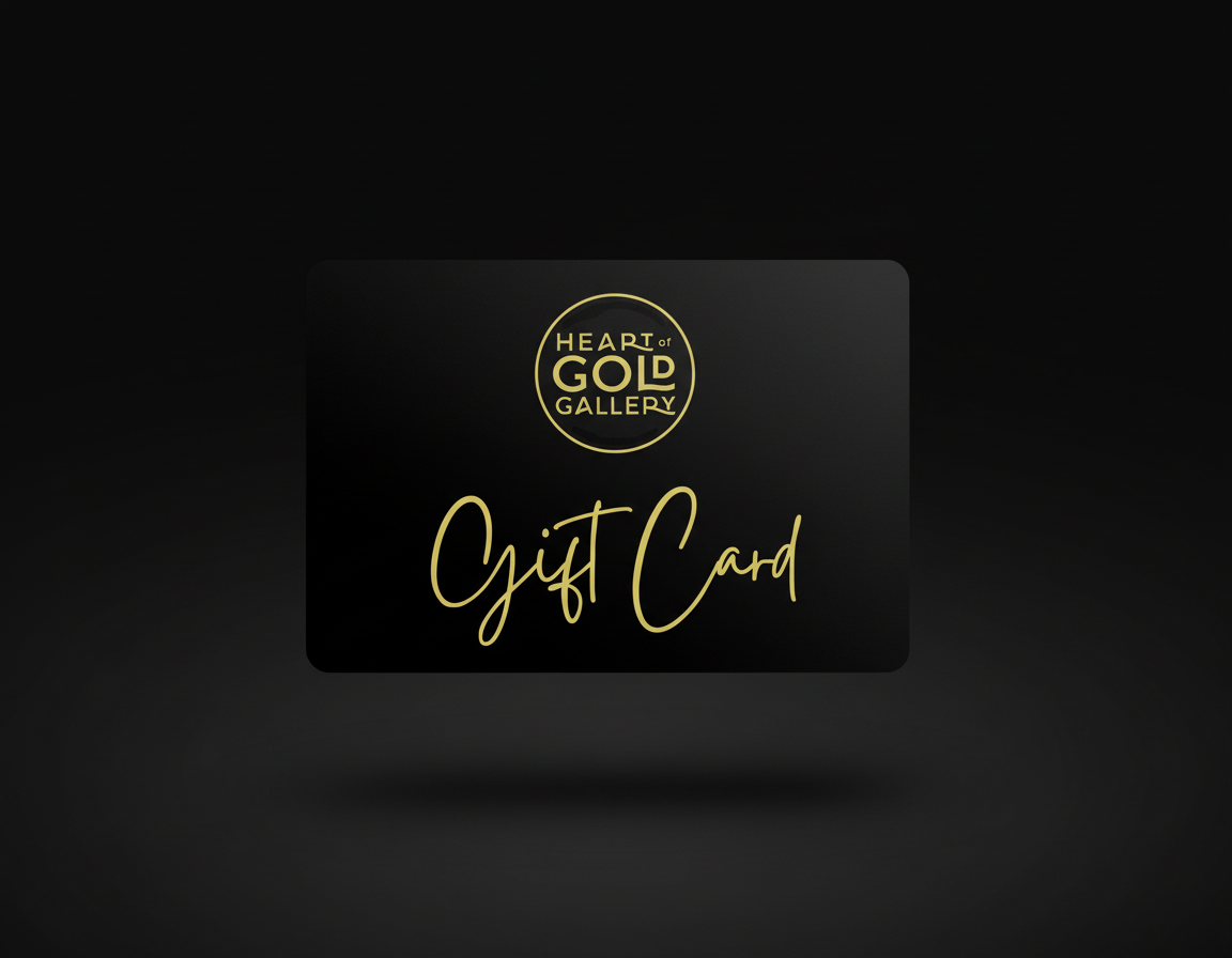 Black gift card with gold text and logo on a black background