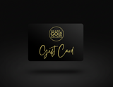 Black gift card with gold text and logo on a black background