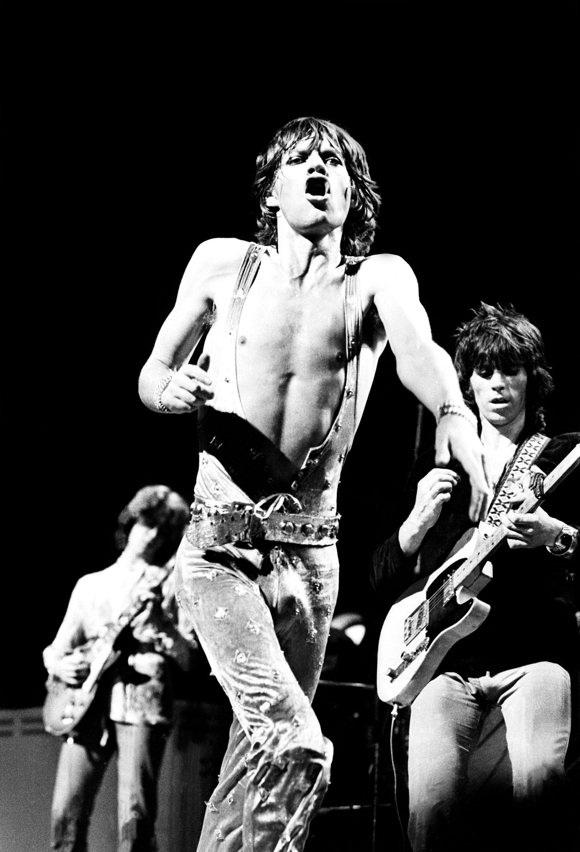 The Rolling Stones Mick Jagger, Keith Richards, and Mick Taylor on the Goats Head Soup tour in Europe, Rotterdam, Netherlands, 1973.