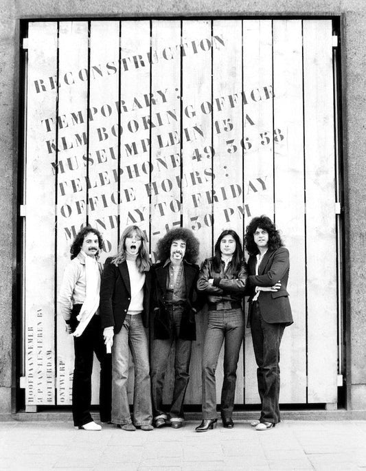 Journey posing in front of the KLM offices during renovation on the Leidseplein, Amsterdam, 1977.