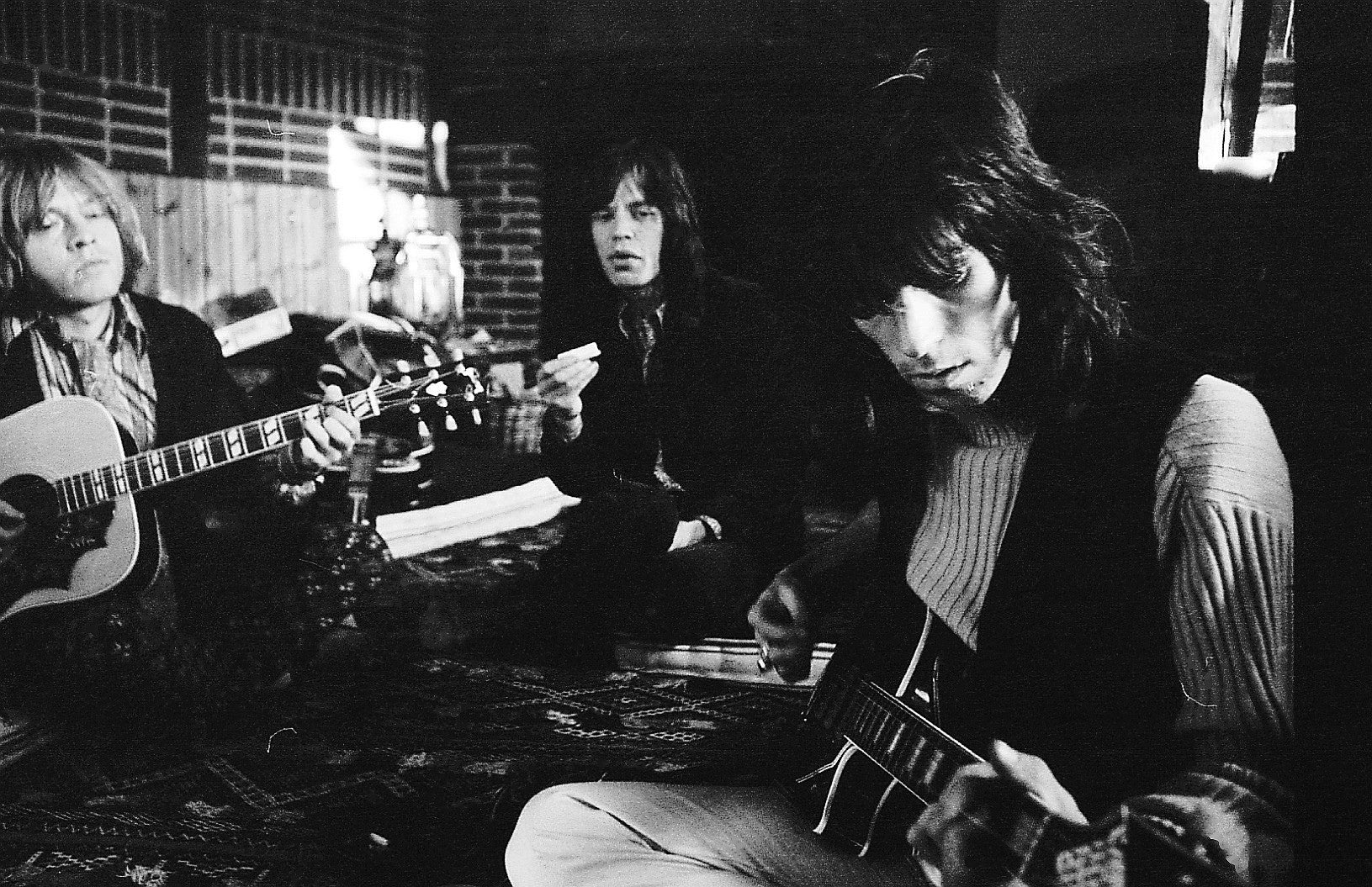 Brian Jones, Mick Jagger, Keith Richards at Keith Richards' home, Redlands,1968.