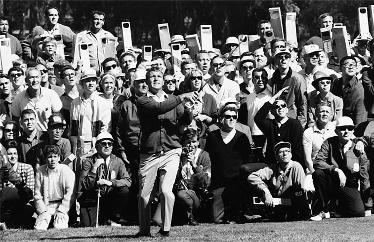 Arnold Palmer on Sunday at Lake Course of the Olympic Club with a view of fans with Sports Scopes in the gallery during the 1966 US Open.