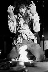 Jimi Hendrix guitar on fire (b&w)