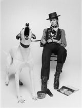 Singer David Bowie poses with a large barking dog for the artwork of his 1974 album ‘Diamond Dogs’ in London.