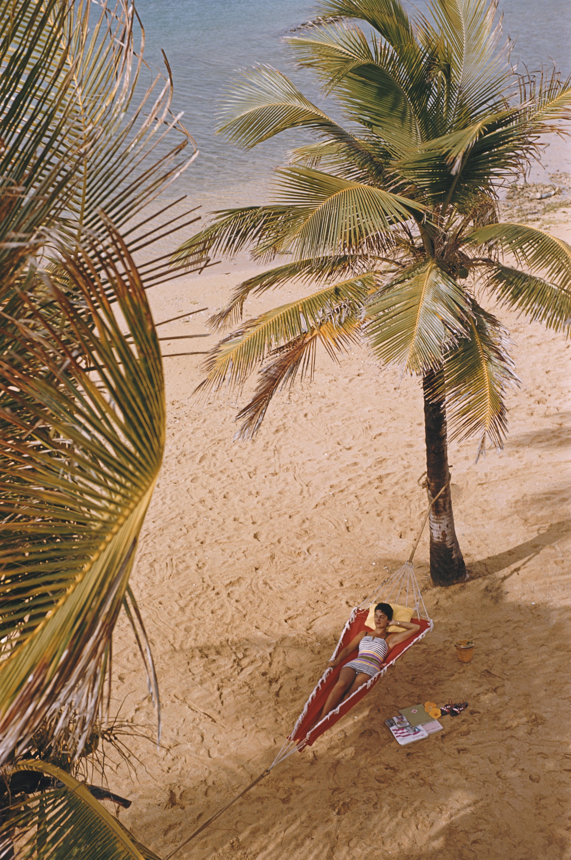 A woman reclining in a hammock hung between palm trees on the beach at the Caribe Hilton in San Juan, Puerto Rico, March 1956.